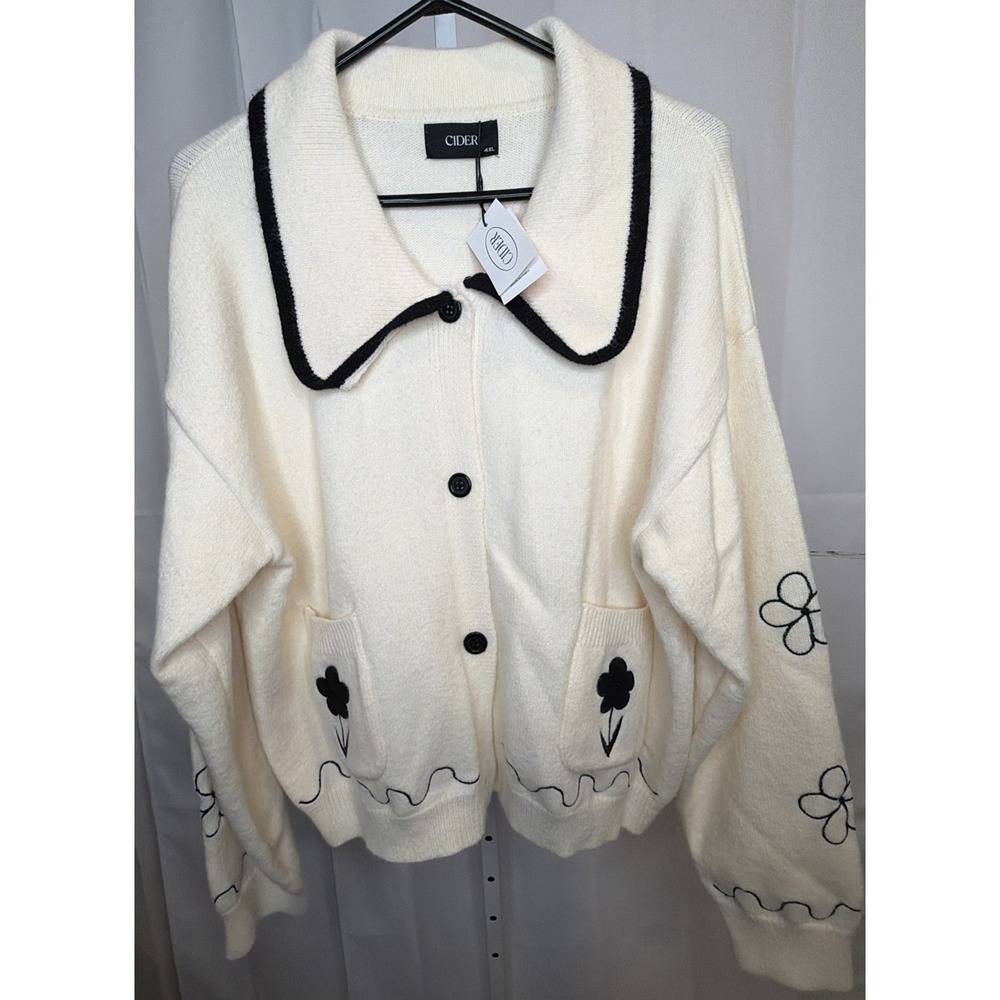 Cider Womens 4XL Cream Black Floral Cardigan Sweater Oversized Collar NWT